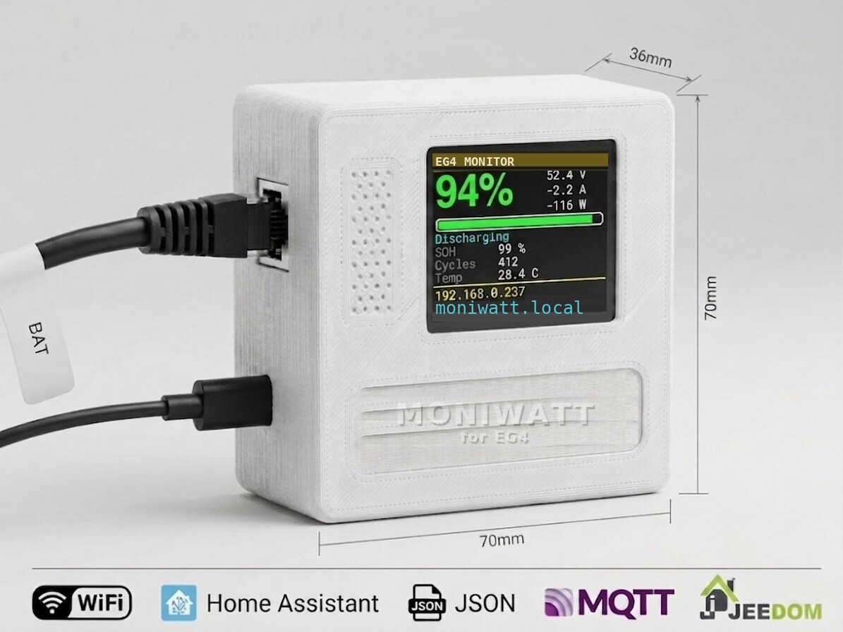 Box EG4 Monitor con schermo a colori che mostra stato di carica, tensione e corrente di un banco di batterie EG4