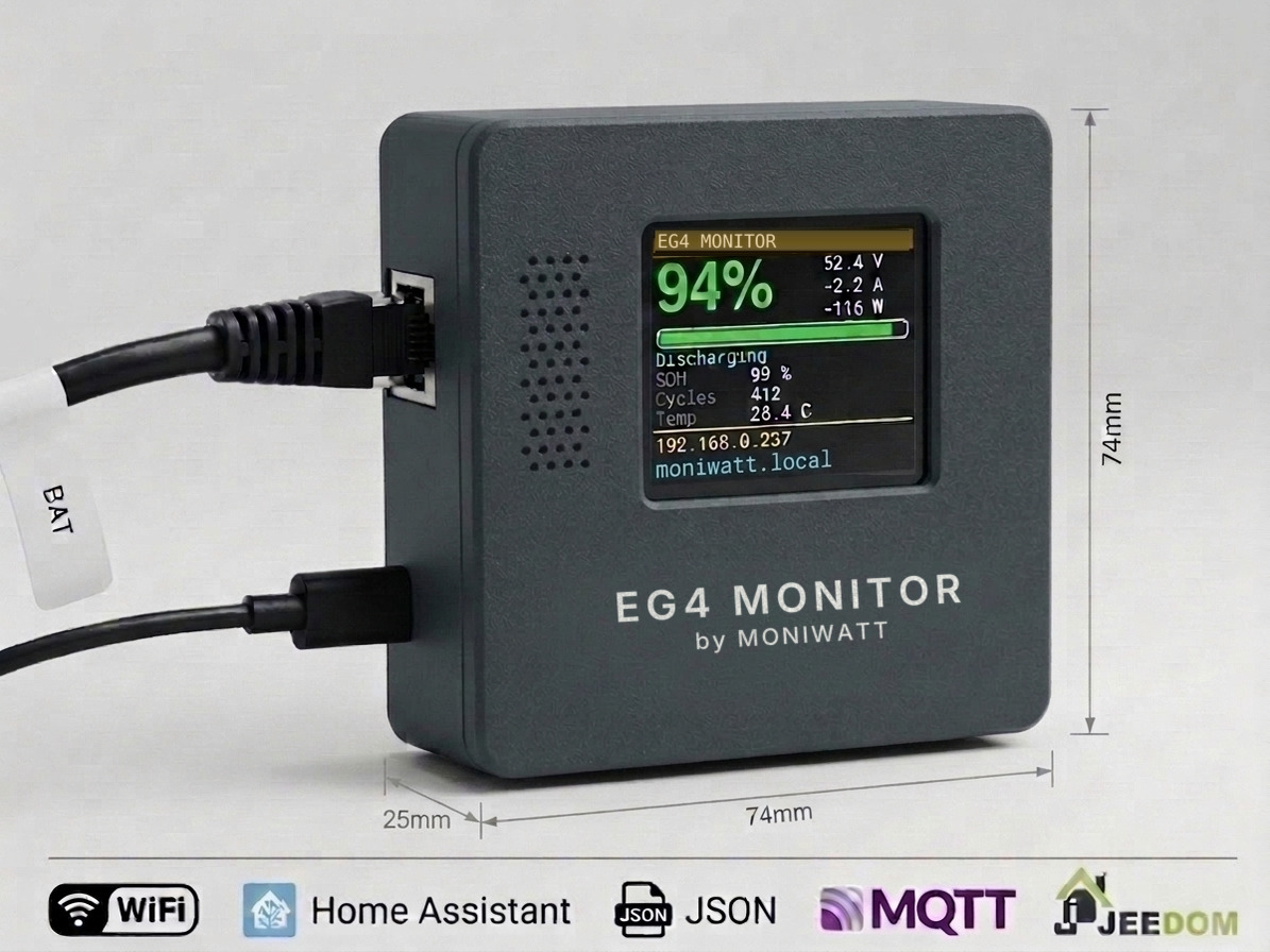 Box EG4 Monitor con schermo a colori che mostra stato di carica, tensione e corrente di un banco di batterie EG4